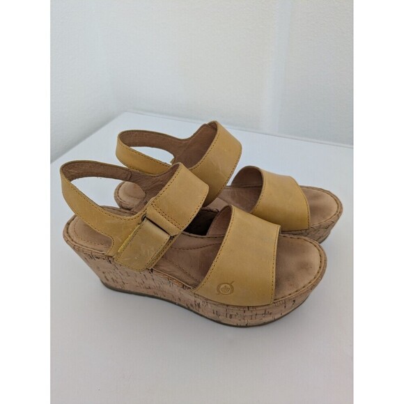 Børn Shoes - Born Yellow Leather Platform Mae Strappy Sandals Cork Wedge Heel Women's sz 6M